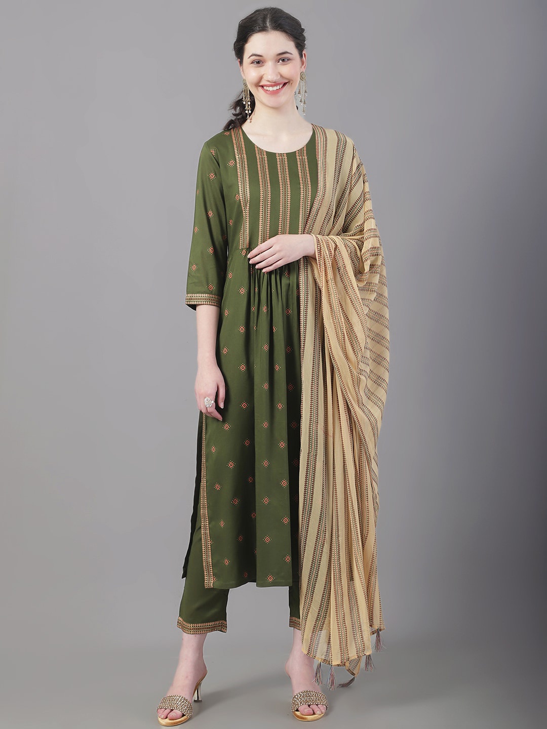 

Tulsattva Women Ethnic Motifs Printed Kurta with Trousers & With Dupatta, Olive