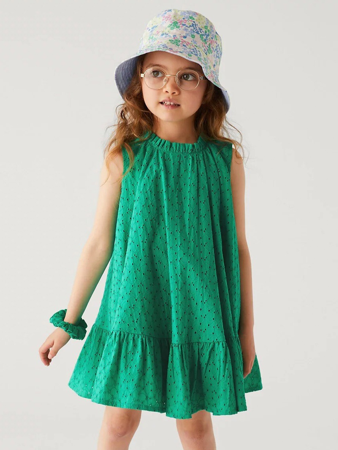 

Marks & Spencer Girls High Neck Self Design A-Line Pure Cotton Dress & Scrunchie, Green