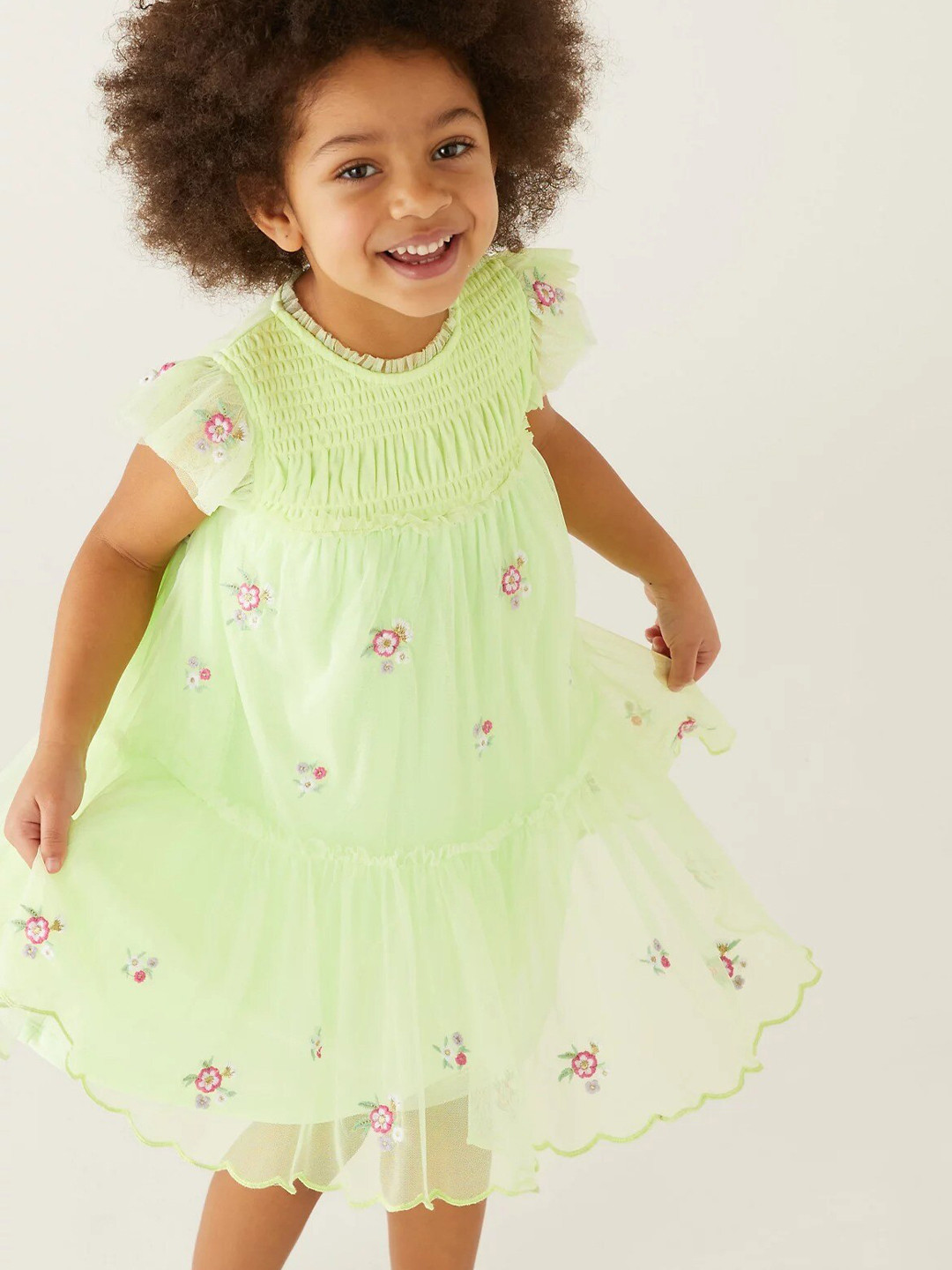 

Marks & Spencer Girls Tulle Smocked Floral Embroidered A-Line Dress, Green