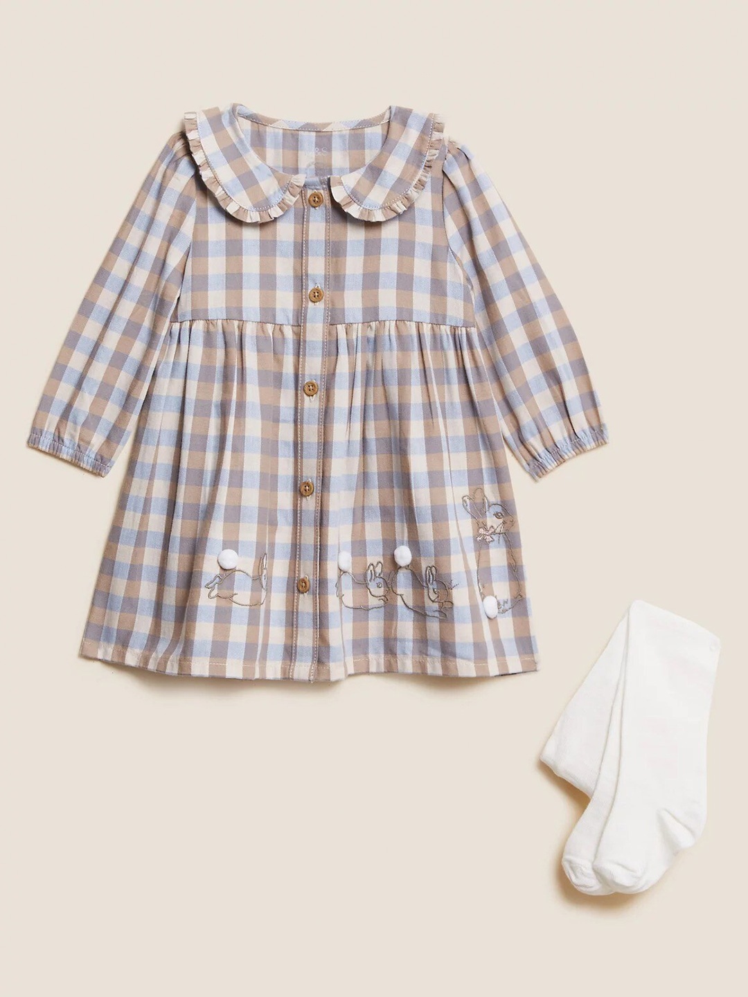 

Marks & Spencer Girls Checked Peter Pan Collar A-Line Dress & Tights, Beige