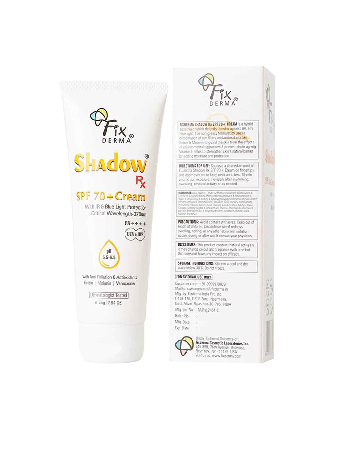 

FIXDERMA Shadow RX SPF 70+ Cream Sunscreen with Melanin - 75 g, White
