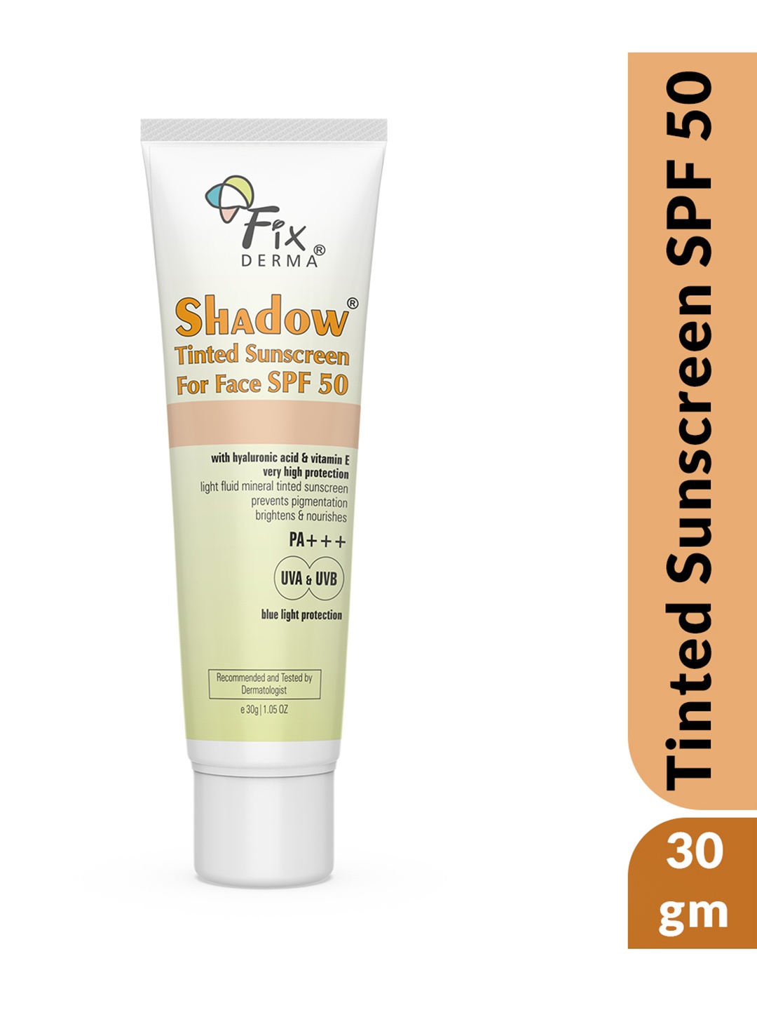 

FIXDERMA Shadow Tinted SPF 50 PA+++ Sunscreen with Vitamin E & Hyaluronic Acid - 30 g, White