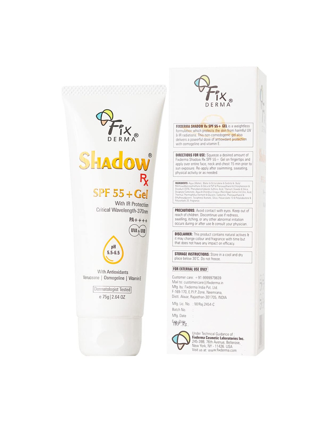

FIXDERMA Shadow RX SPF55+ Gel Sunscreen with Vitamin E - 75 g, White
