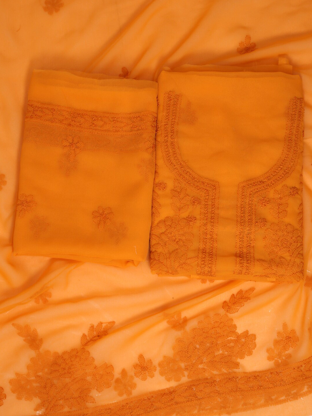 

ADA Mustard Embroidered Georgette Chikankari Unstitched Dress Material