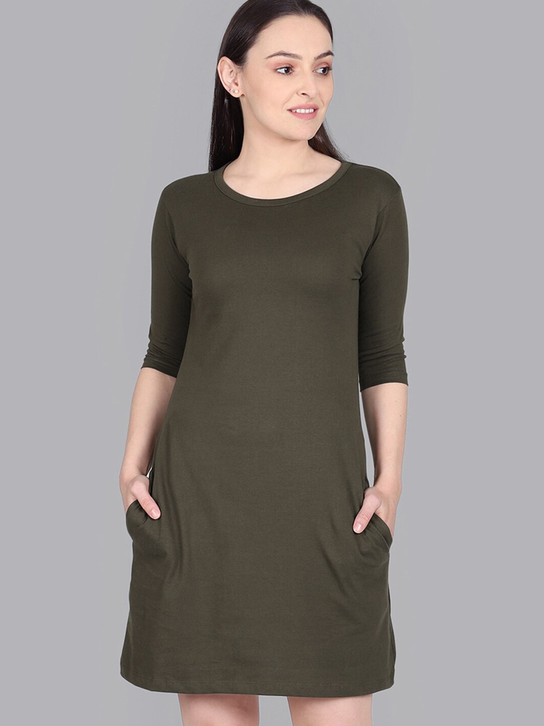 

Free Authority Cotton Round Neck A-Line Dress, Olive