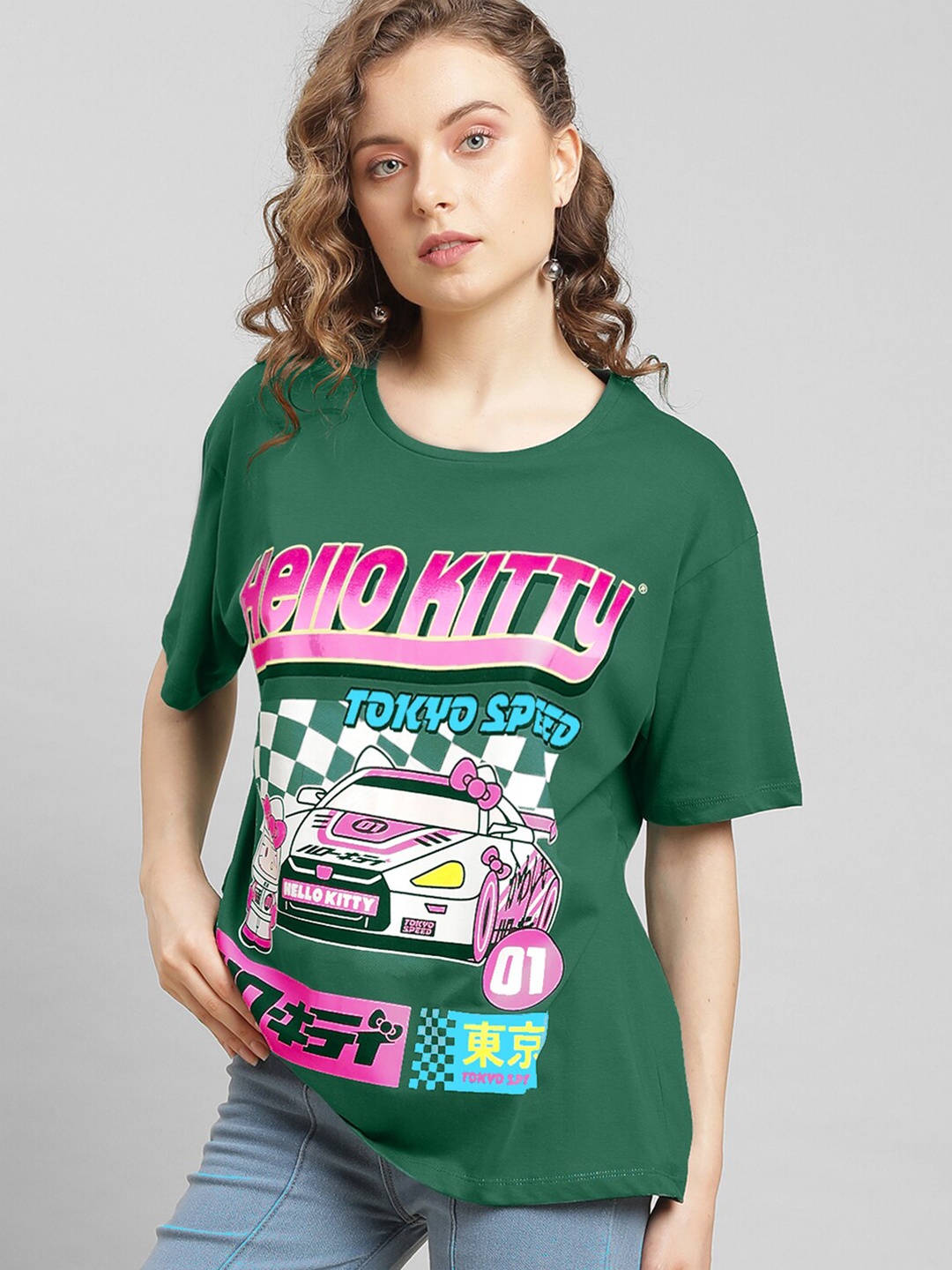 

Free Authority Hello Kitty Printed Oversized Cotton T-Shirt, Green