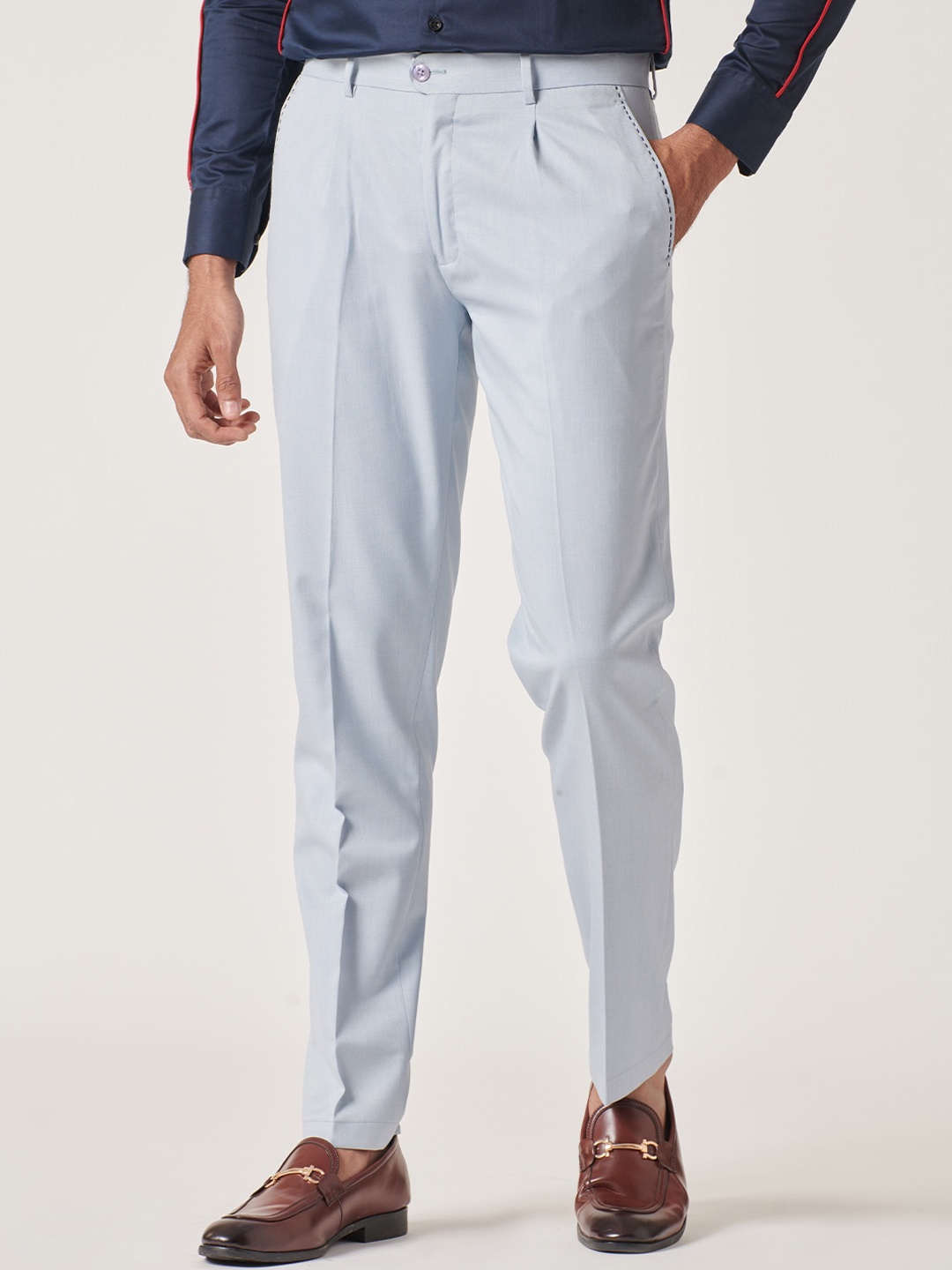 

MR BUTTON Men Slim Fit Mid-Rise Formal Trousers, Blue