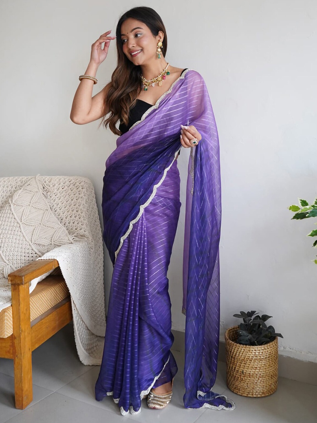 

ODETTE Striped Ombre Silk Saree, Purple