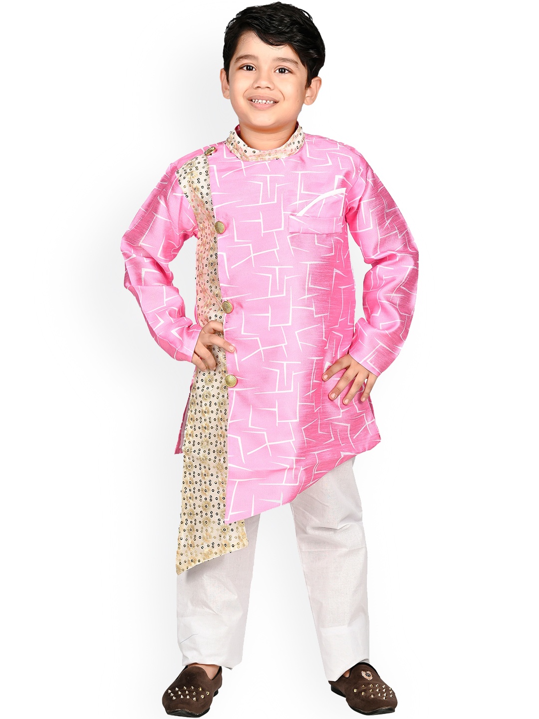 

BAESD Boys Printed Sequinned Asymmetric Kurta With Pyjamas, Pink