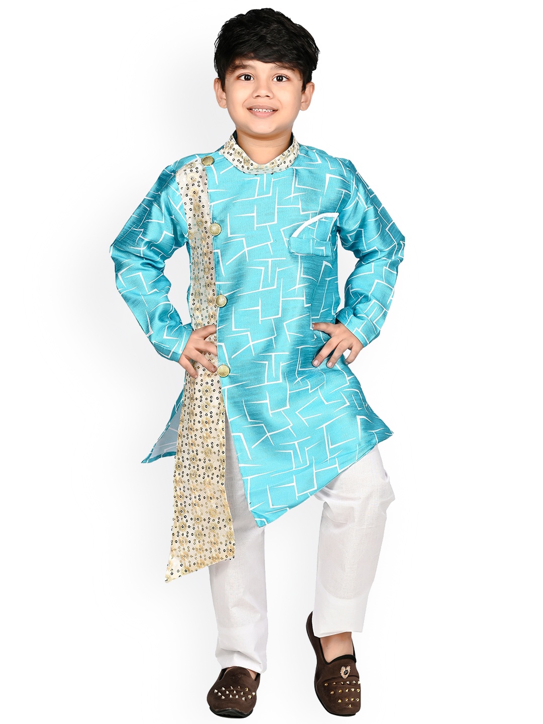 

BAESD Boys Printed Sequinned Asymmetric Kurta with Pyjamas, Turquoise blue