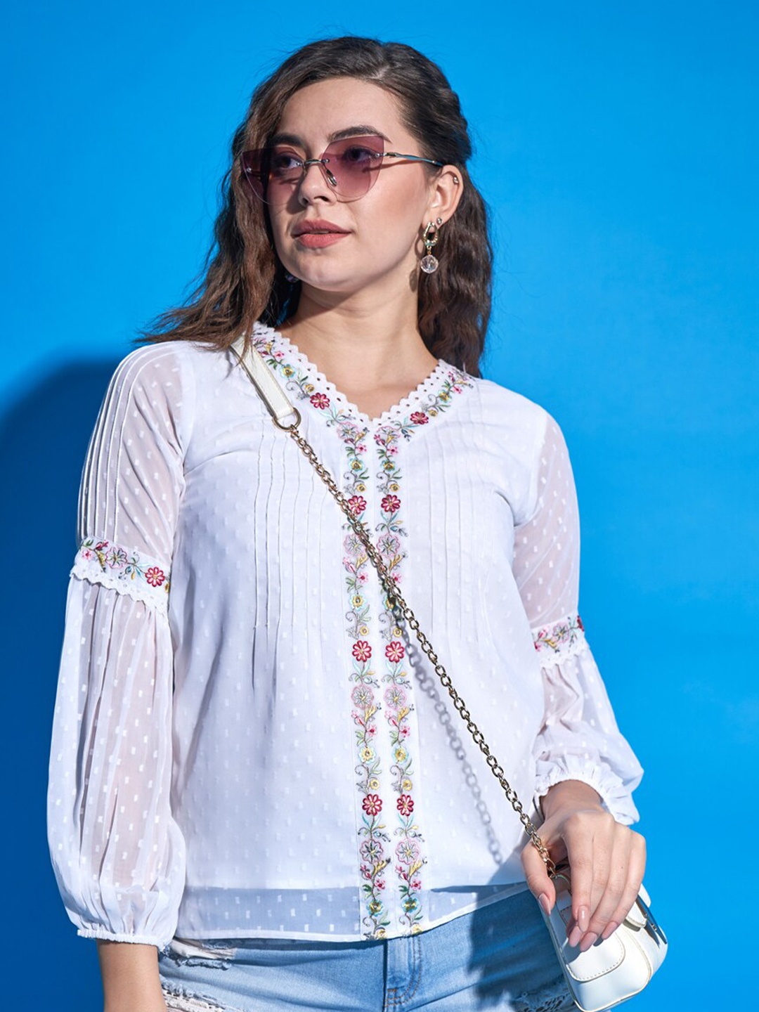

DressBerry Floral Embroidered Dobby Chiffon Top, White