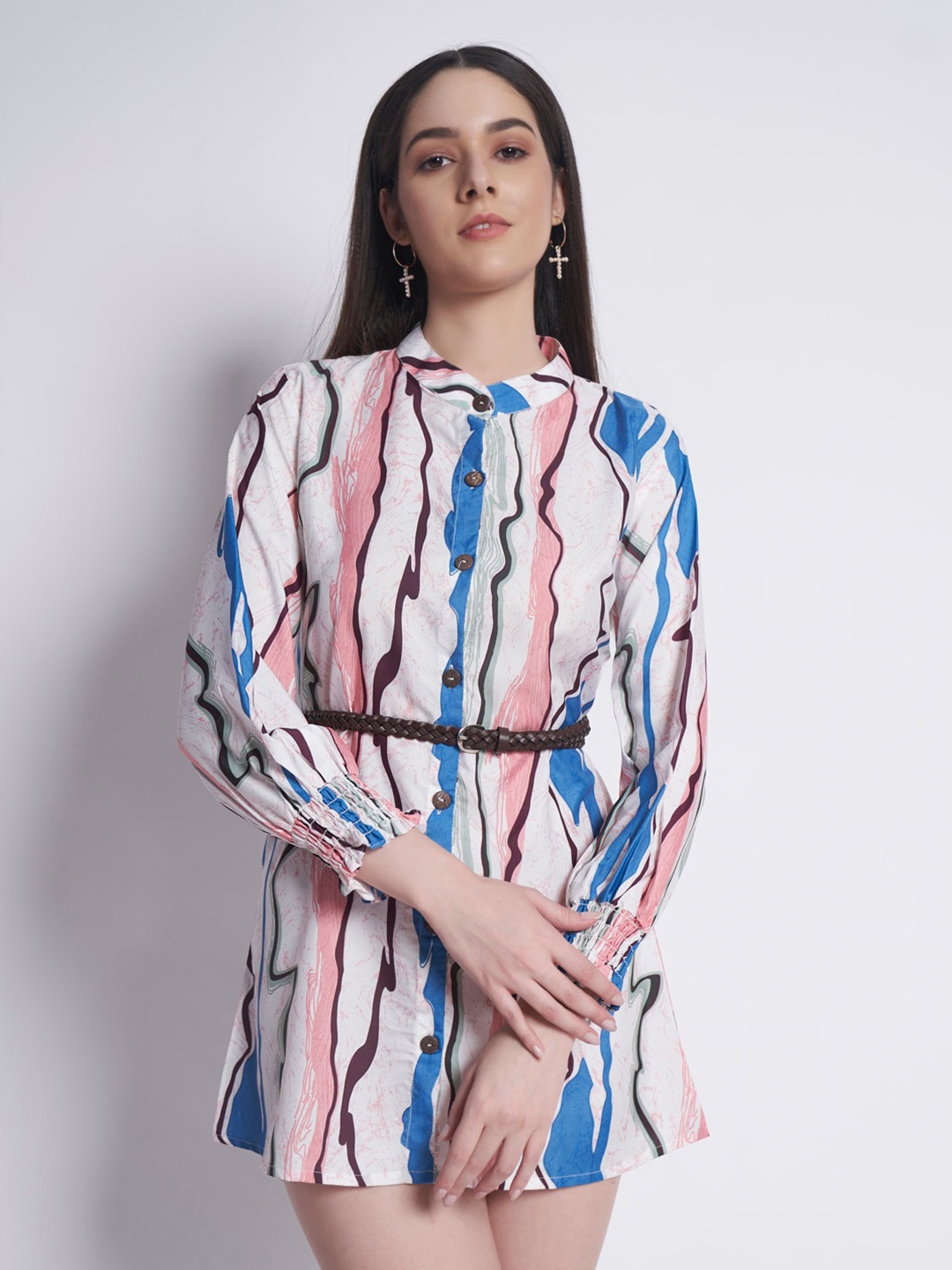 

DressBerry Abstract Printed Band Collar Shirt Dress With Belt, White