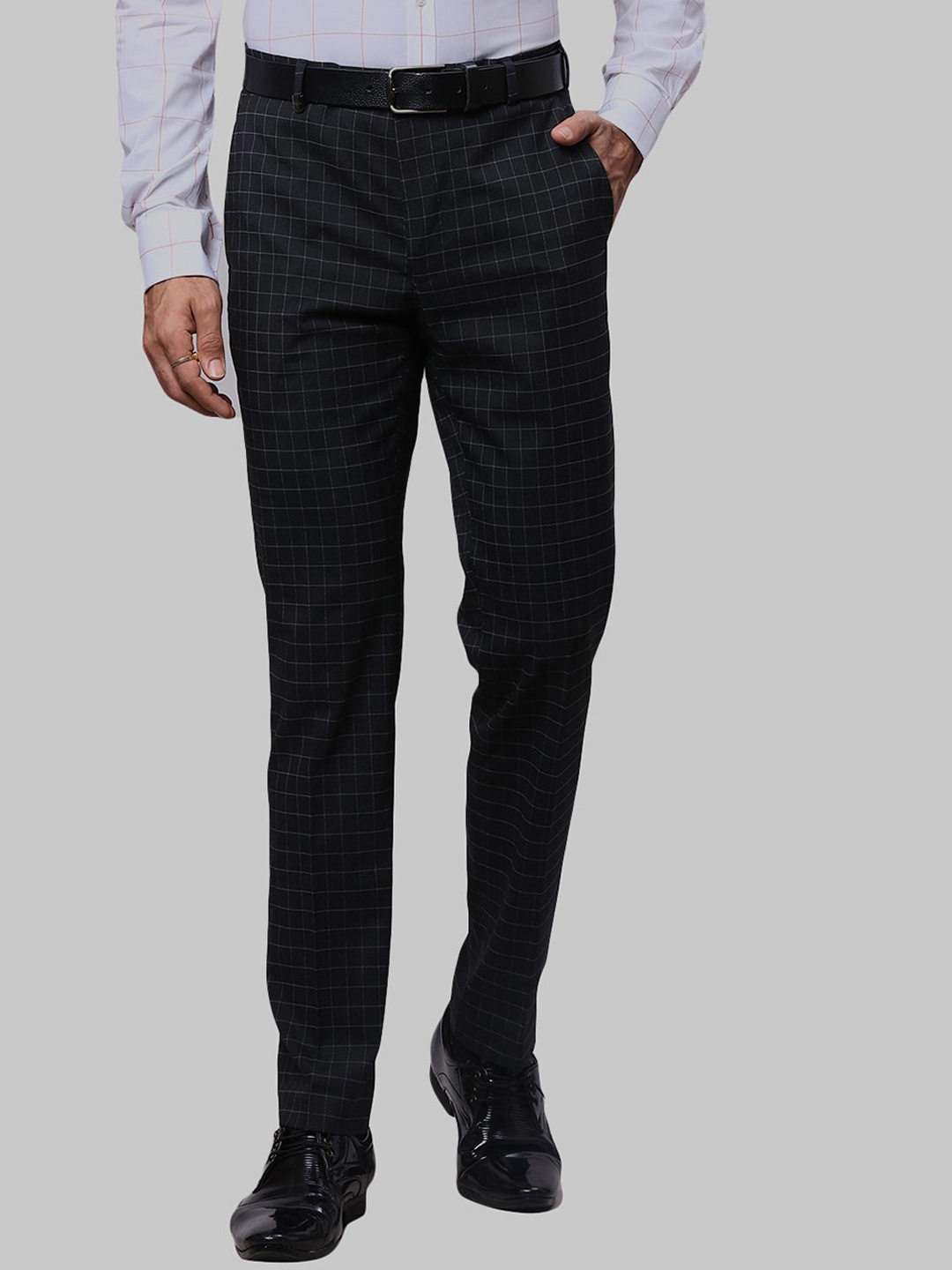 

Park Avenue Men Checked Mid Rise Slim Fit Formal Trousers, Grey