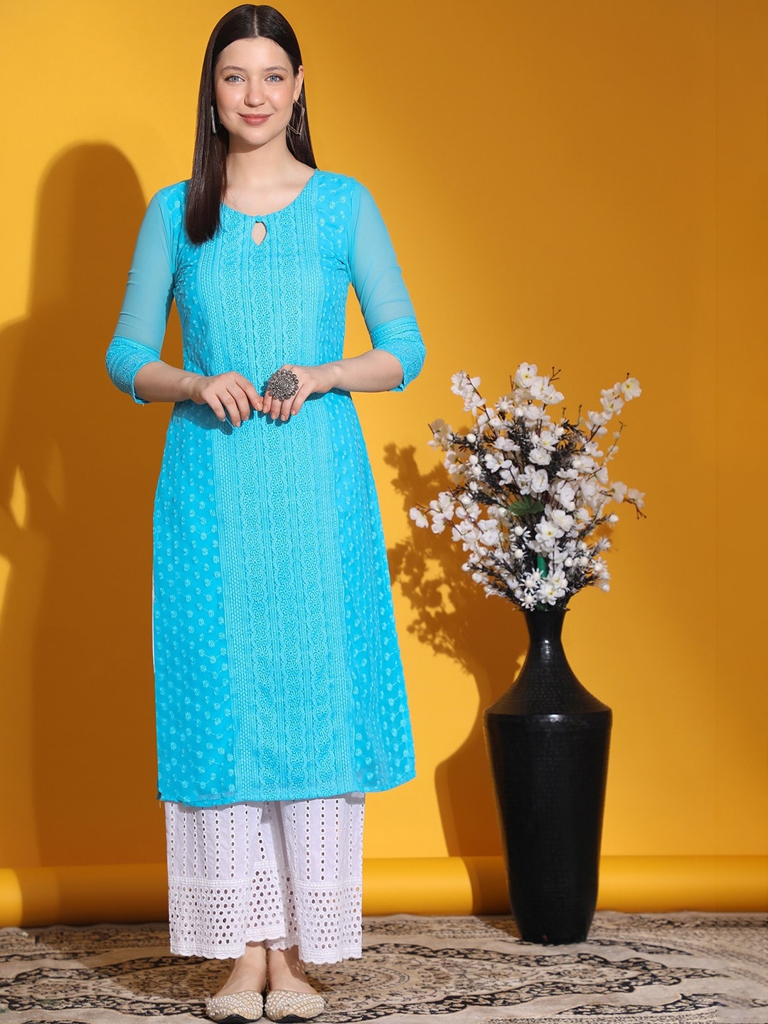 

KALINI Embroidered Keyhole Neck Georgette Kurta, Blue