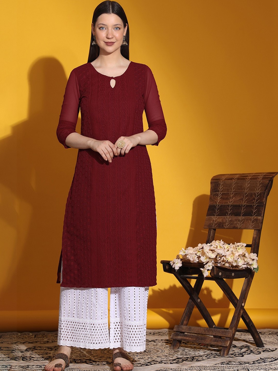 

KALINI Floral Embroidered Keyhole Neck Pure Georgette Staright Kurta, Maroon