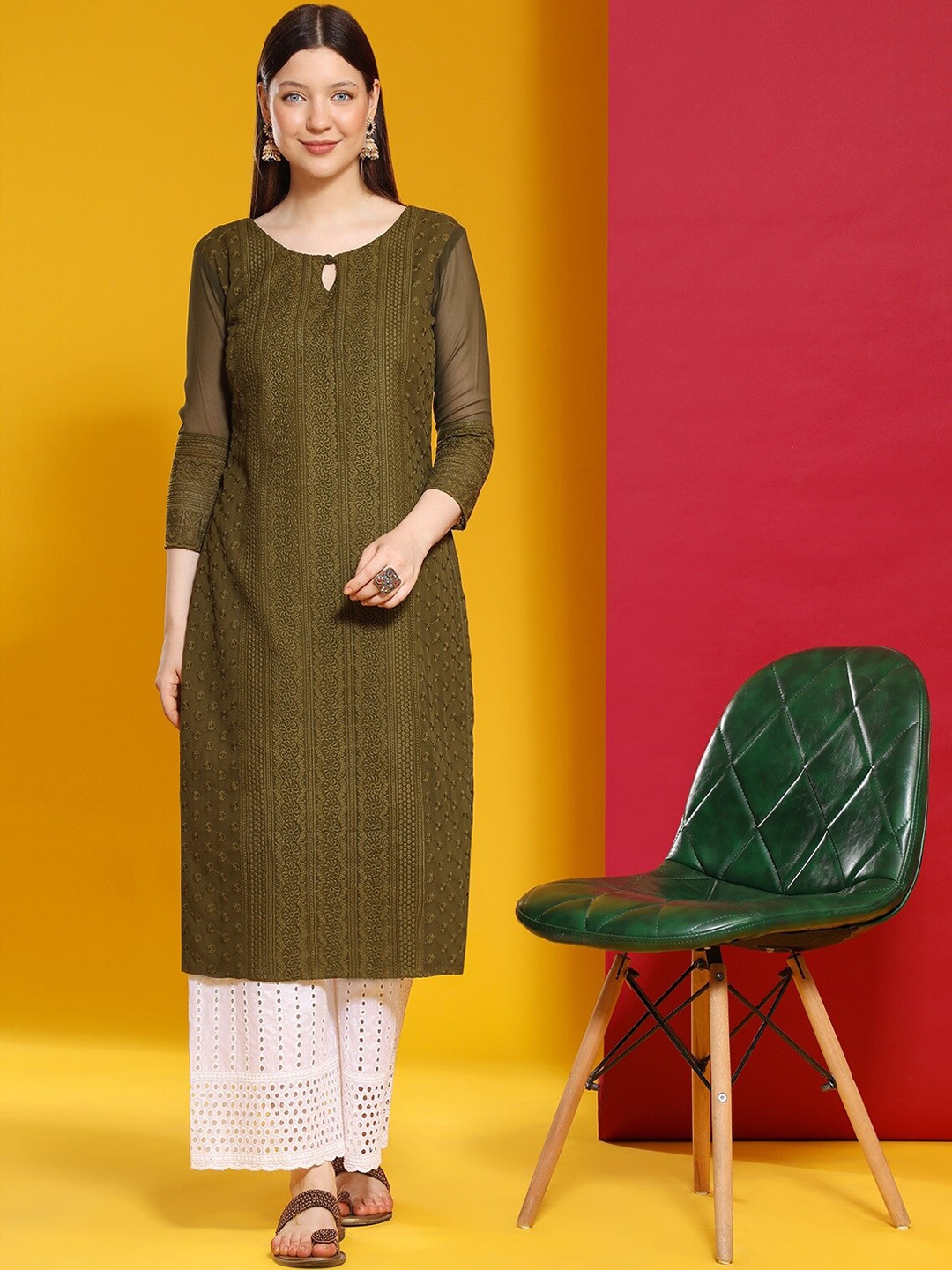 

KALINI Floral Embroidered Keyhole Neck Pure Georgette Staright Kurta, Olive