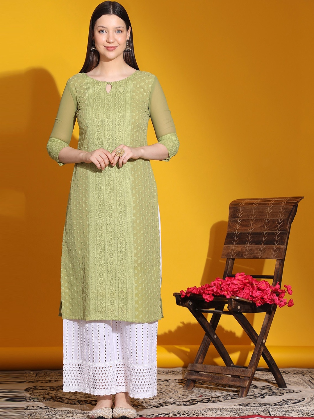 

KALINI Floral Embroidered Keyhole Neck Pure Georgette Staright Kurta, Green