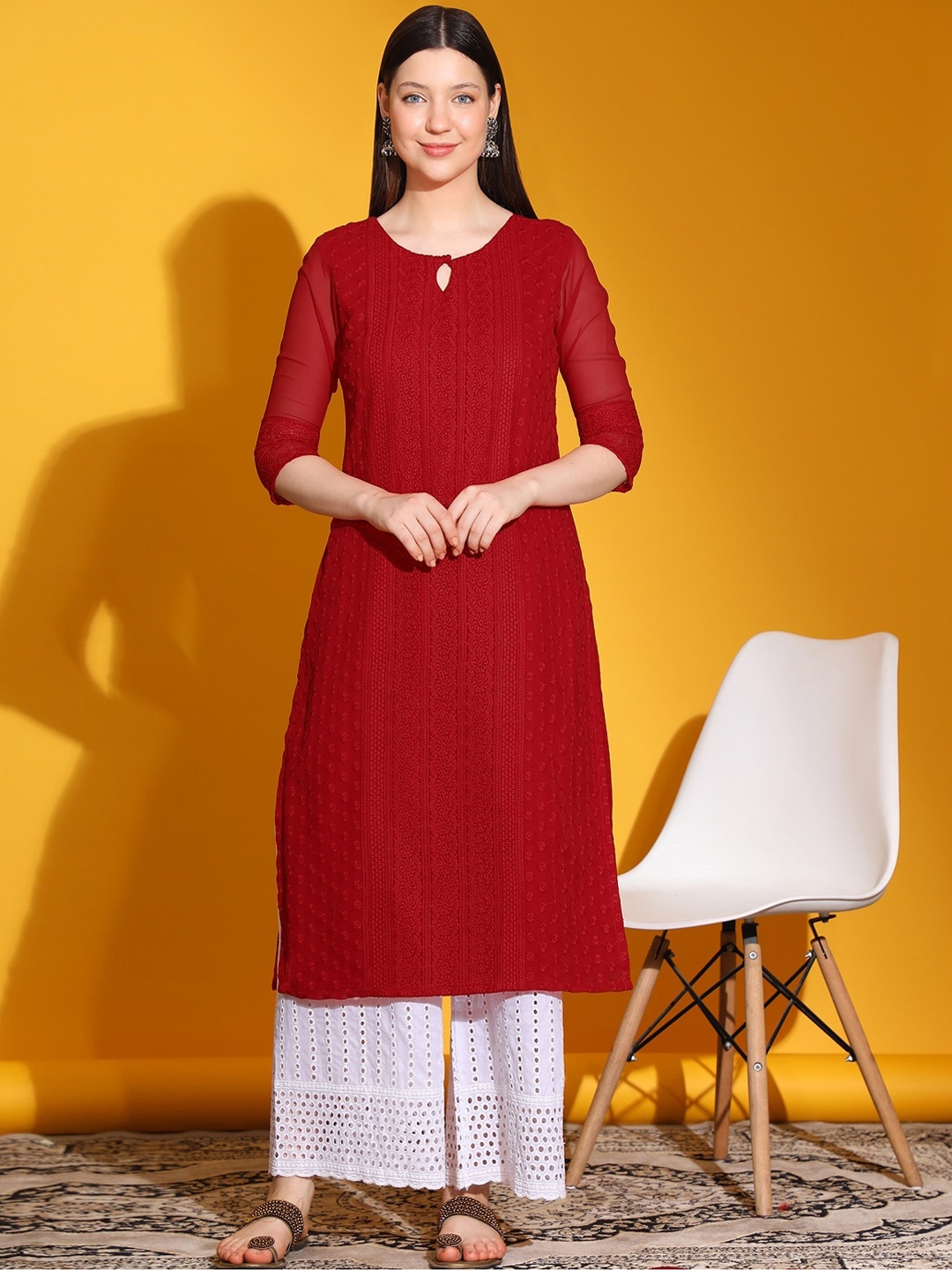 

KALINI Embroidered Keyhole Neck Georgette Kurta, Red