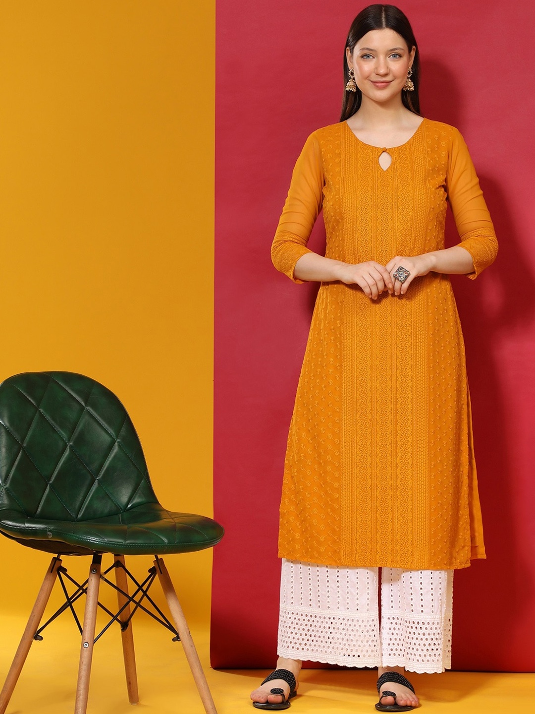 

KALINI Embroidered Keyhole Neck Georgette Kurta, Mustard