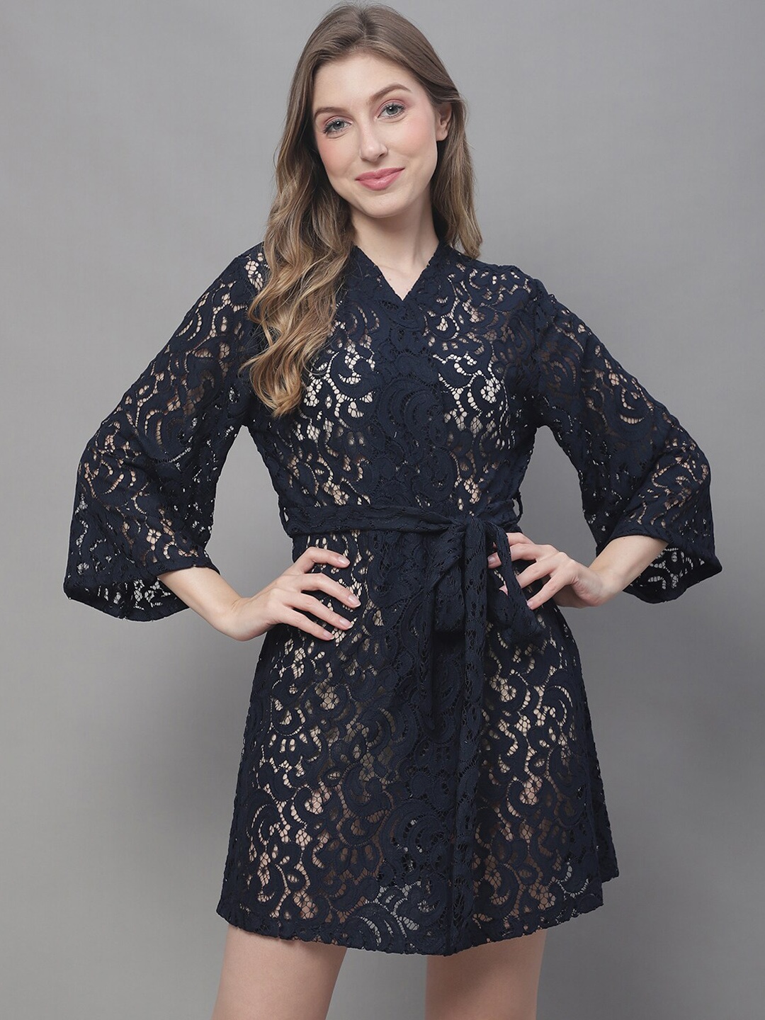 

Claura Self Design Net lace Cotton Cover Up Robe, Navy blue