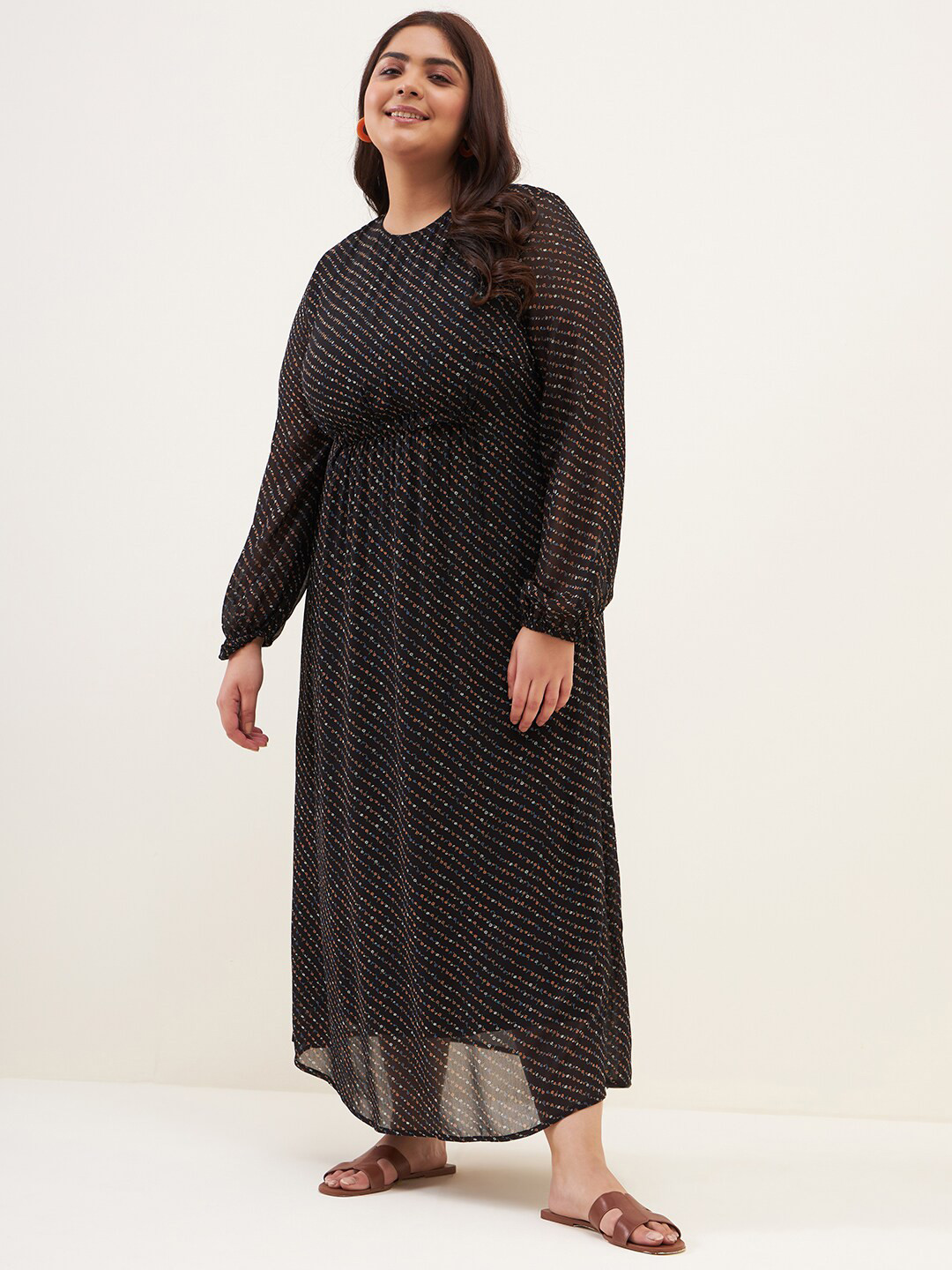 

Femella Floral Printed Cuffed Sleeves Casual Empire Maxi Dress, Black