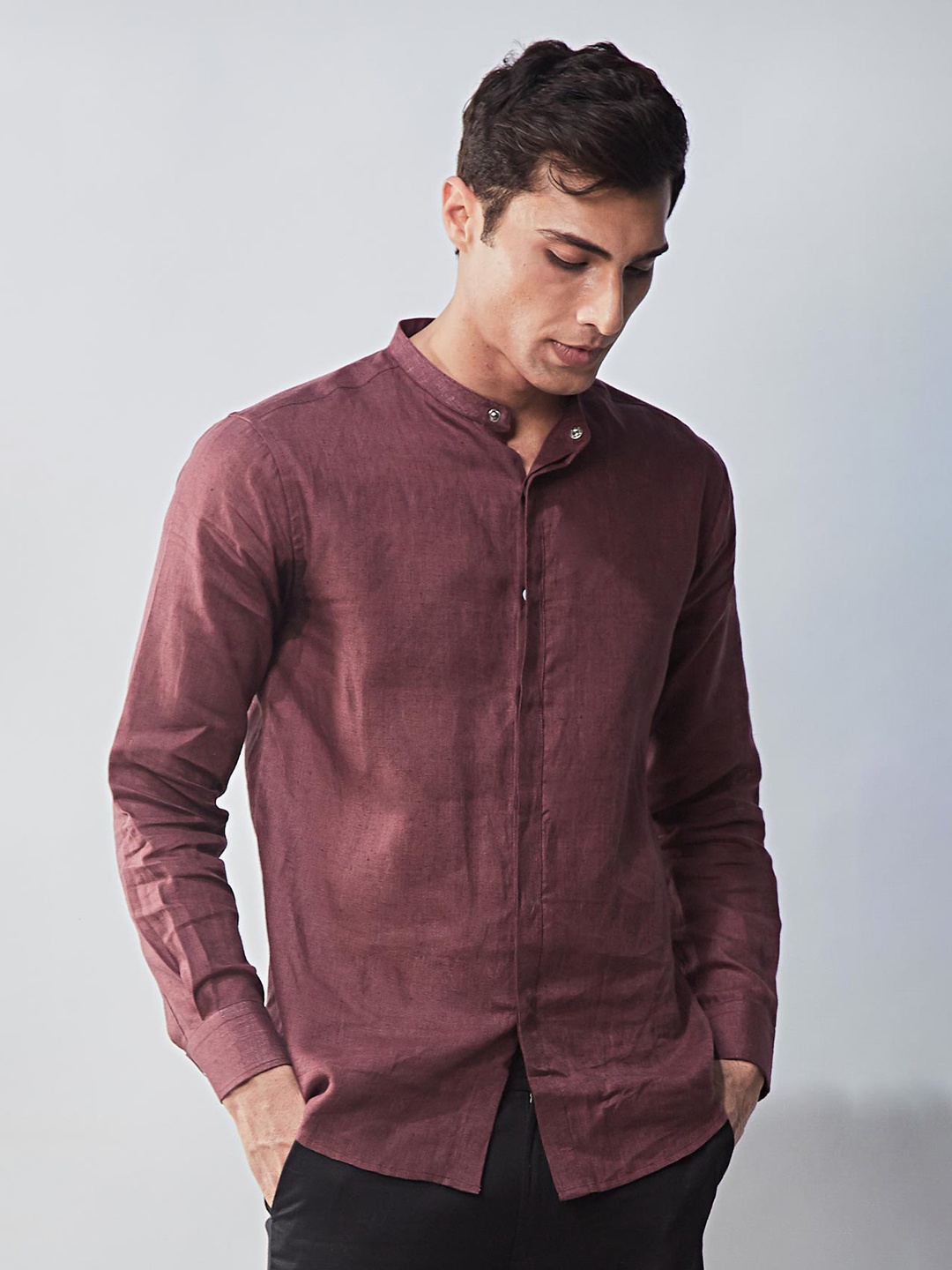 

Beyours Classic Mandarin Collar Linen Casual Shirt, Brown