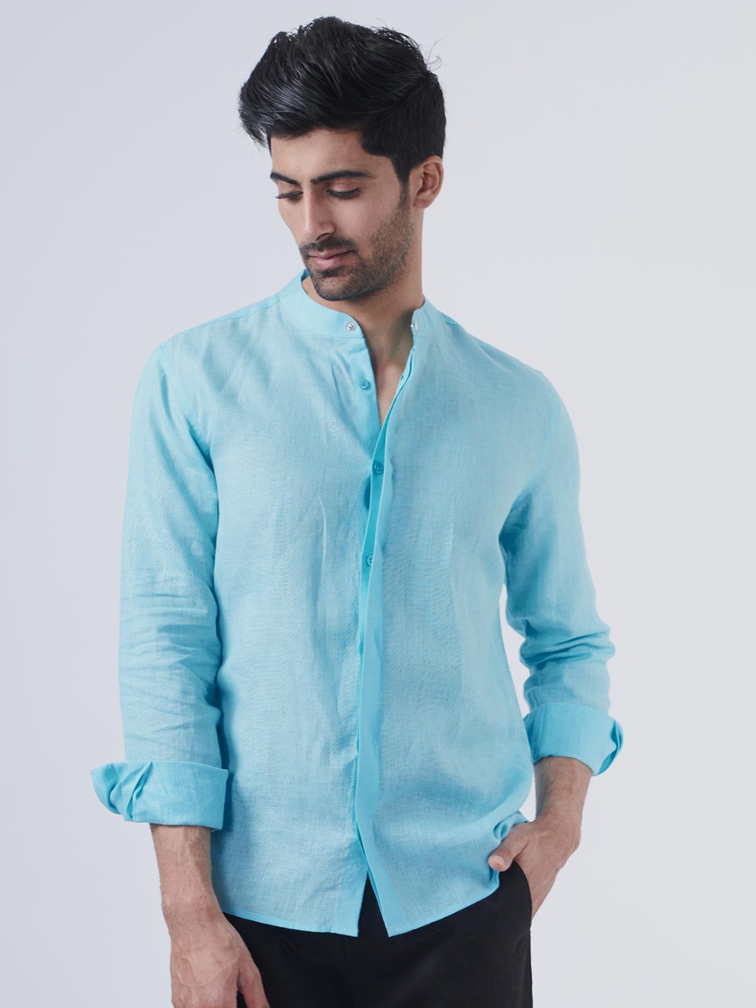 

Beyours Classic Mandarin Collar Linen Casual Shirt, Blue