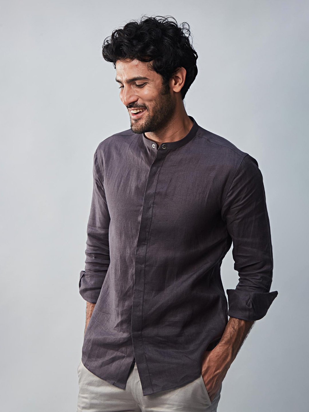 

Beyours Classic Mandarin Collar Linen Casual Shirt, Grey