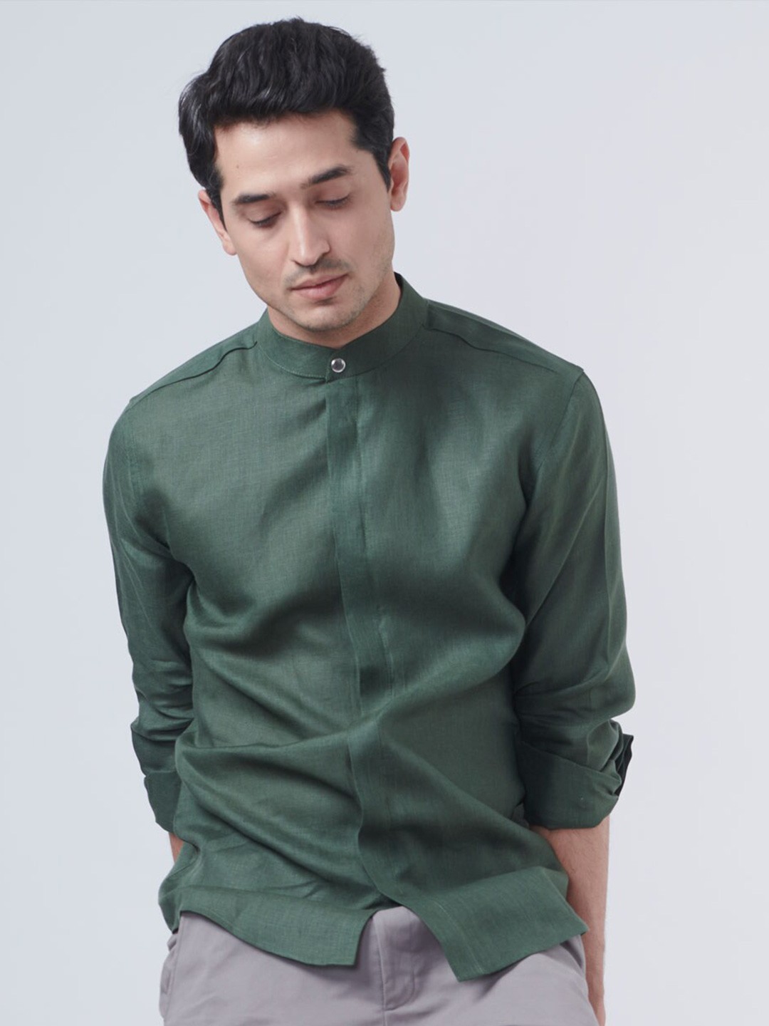 

Beyours Classic Mandarin Collar Linen Casual Shirt, Green