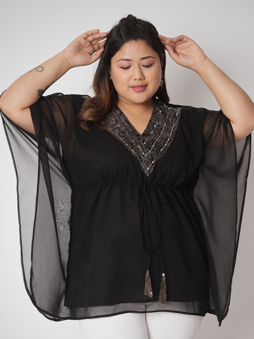 

studio rasa V-Neck Kimono Sleeves Kaftan Kurti, Black