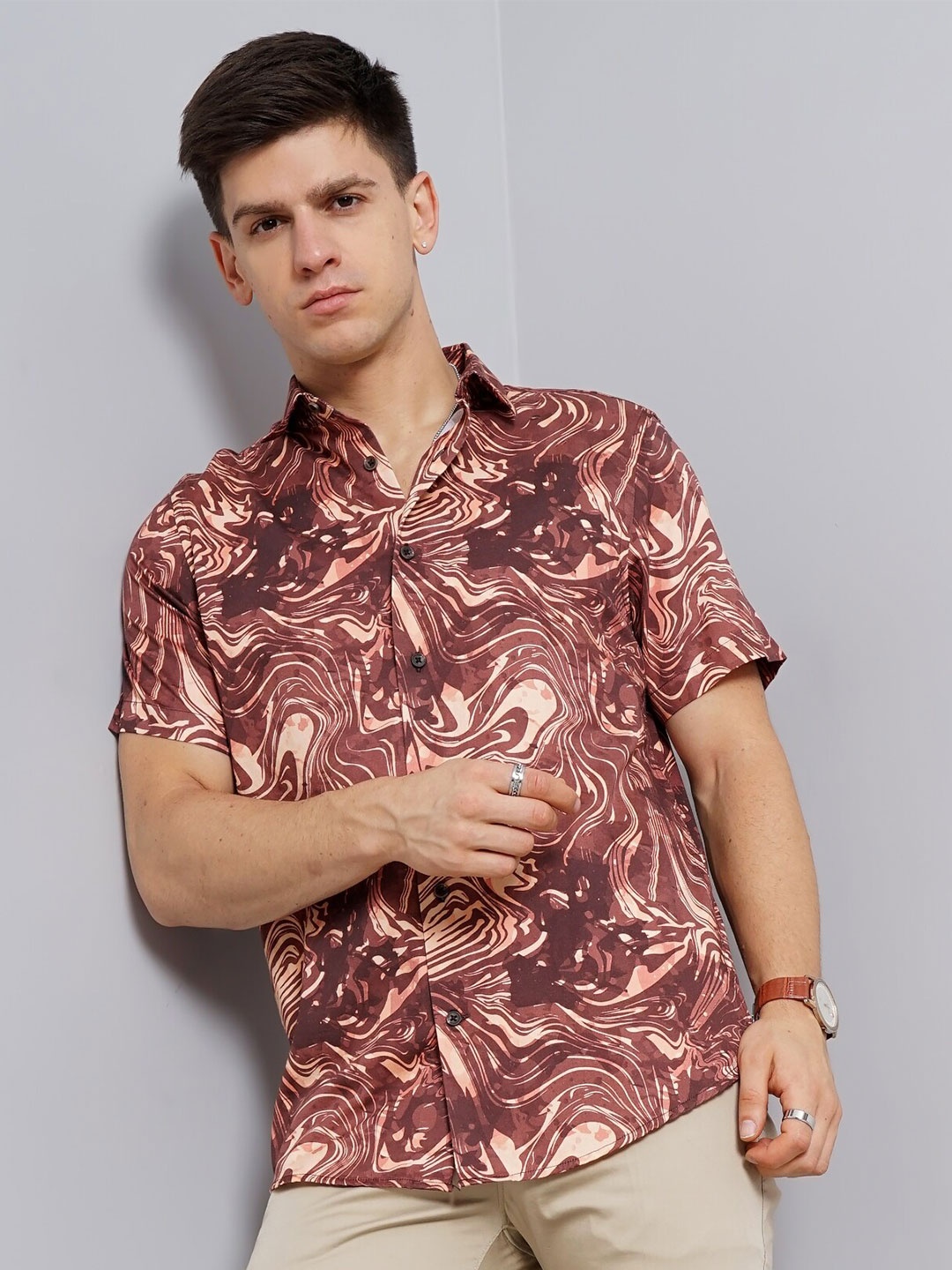 

British Club Spread Collar Smart Slim Fit Abstract Printed Casual Pure Cotton Shirt, Copper