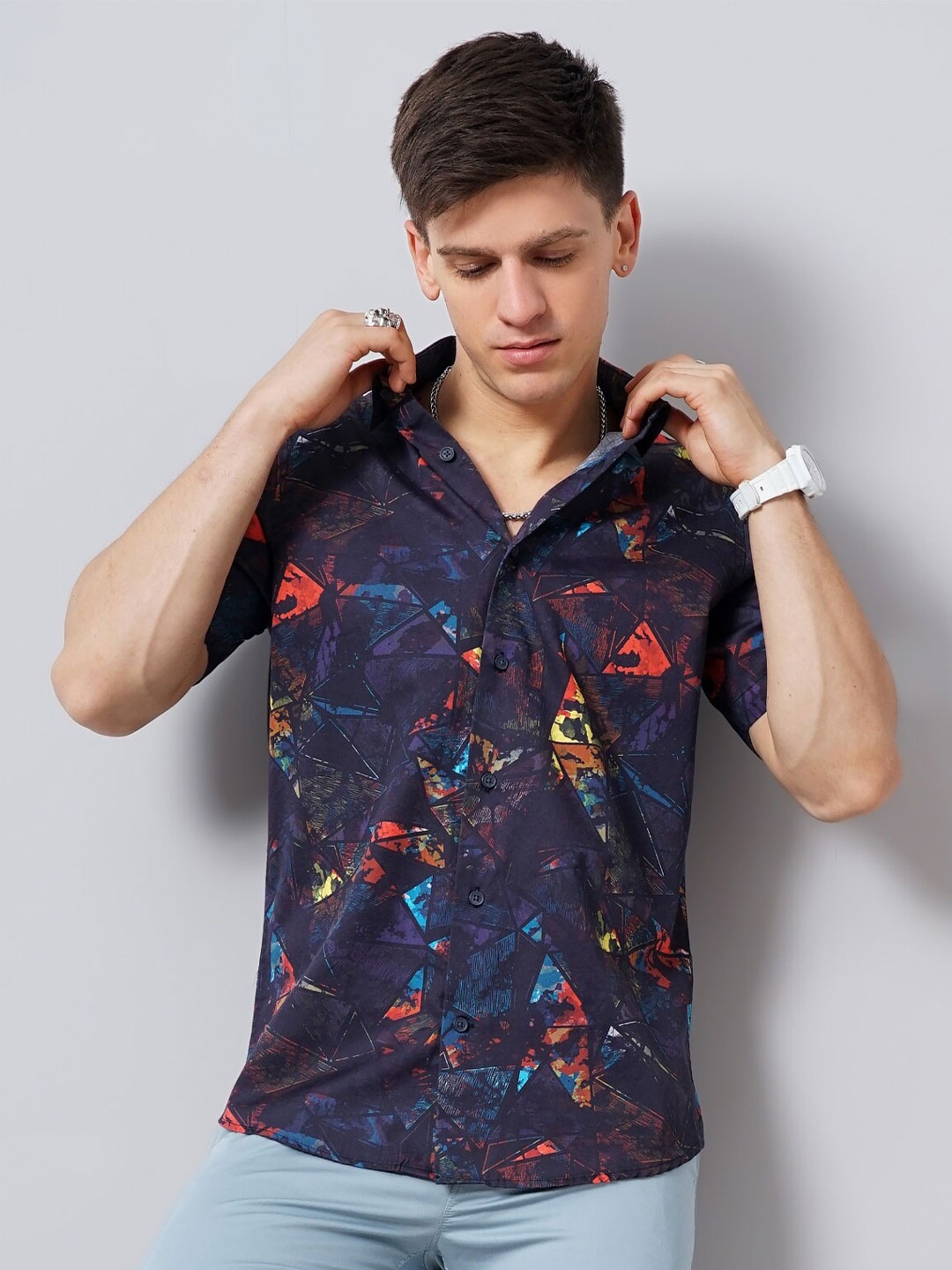 

British Club Spread Collar Smart Slim Fit Abstract Printed Casual Pure Cotton Shirt, Purple