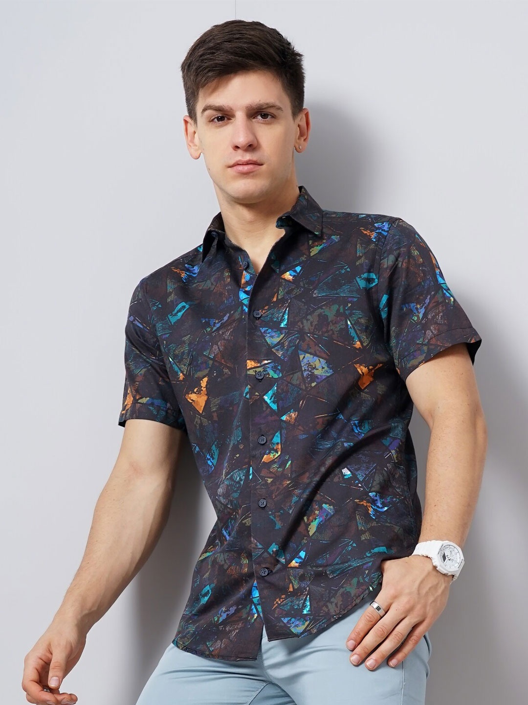 

British Club Spread Collar Smart Slim Fit Abstract Printed Casual Pure Cotton Shirt, Brown