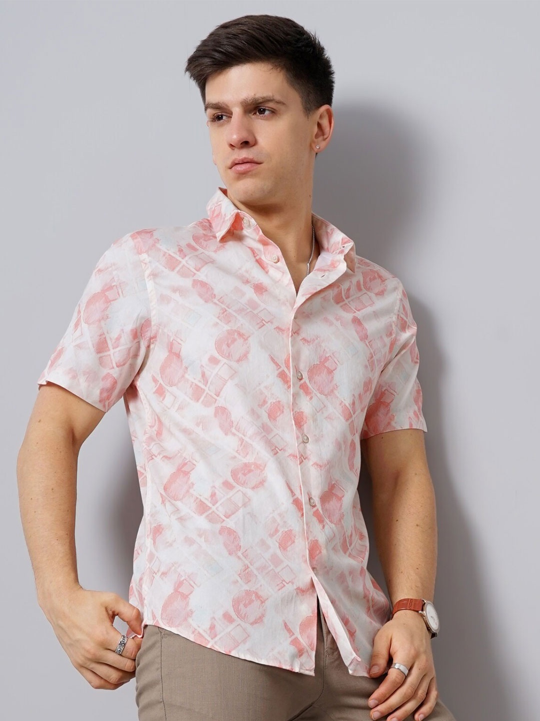 

British Club Spread Collar Smart Slim Fit Abstract Printed Casual Pure Cotton Shirt, Coral
