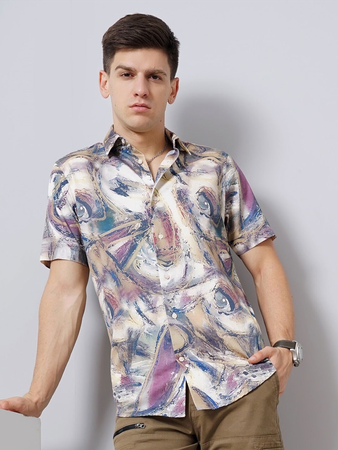 

British Club Spread Collar Smart Slim Fit Abstract Printed Casual Pure Cotton Shirt, Blue