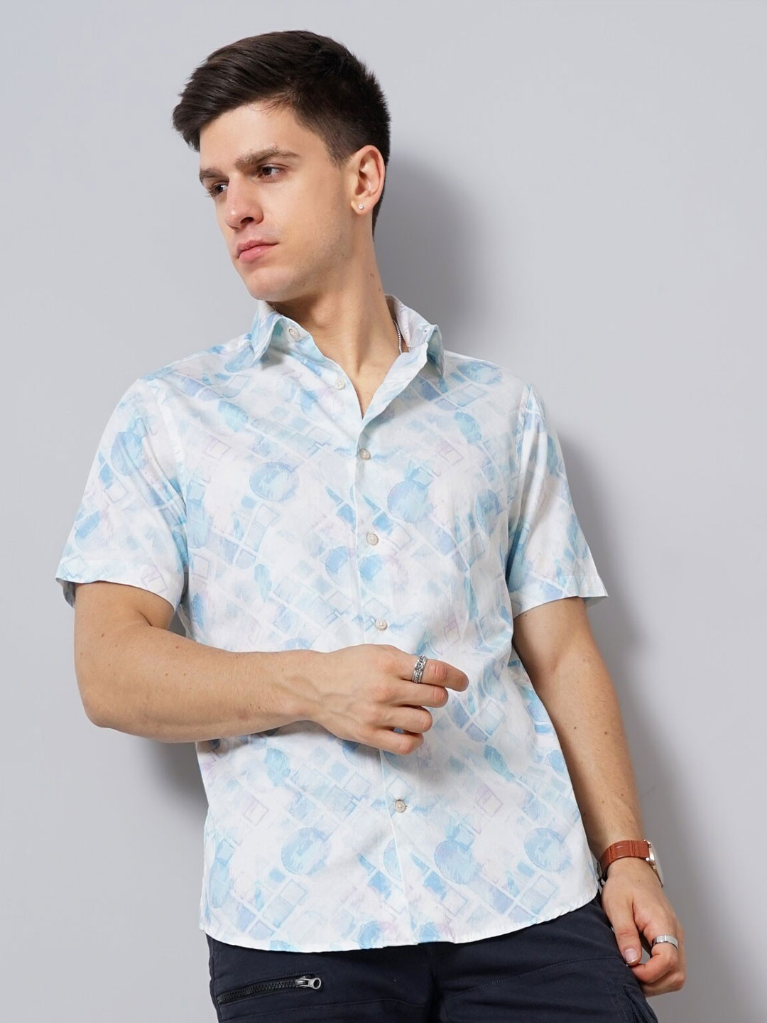 

British Club Spread Collar Smart Slim Fit Abstract Printed Casual Pure Cotton Shirt, Blue