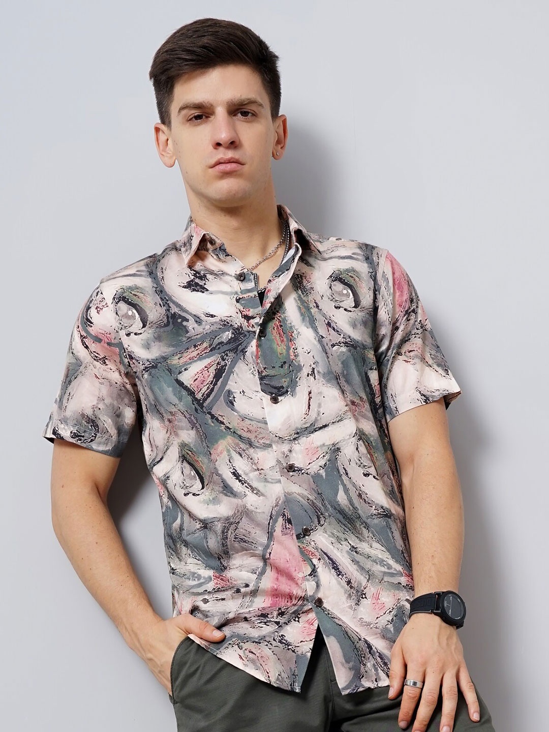 

British Club Abstract Printed Smart Slim Fit Pure Cotton Casual Shirt, Beige