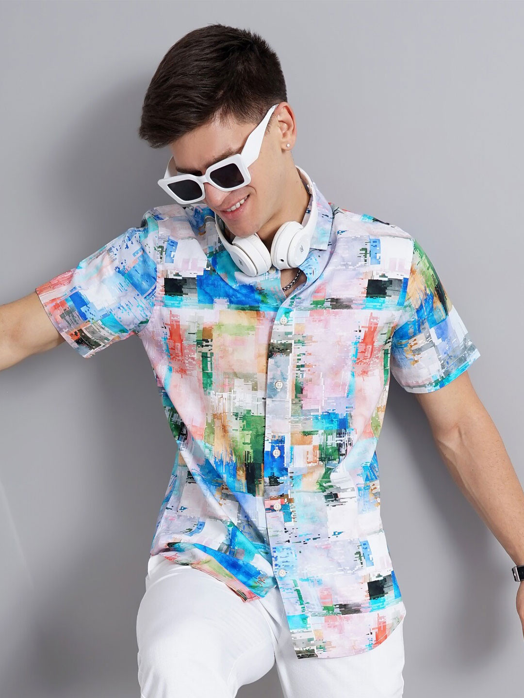 

British Club Abstract Printed Smart Slim Fit Pure Cotton Casual Shirt, Blue