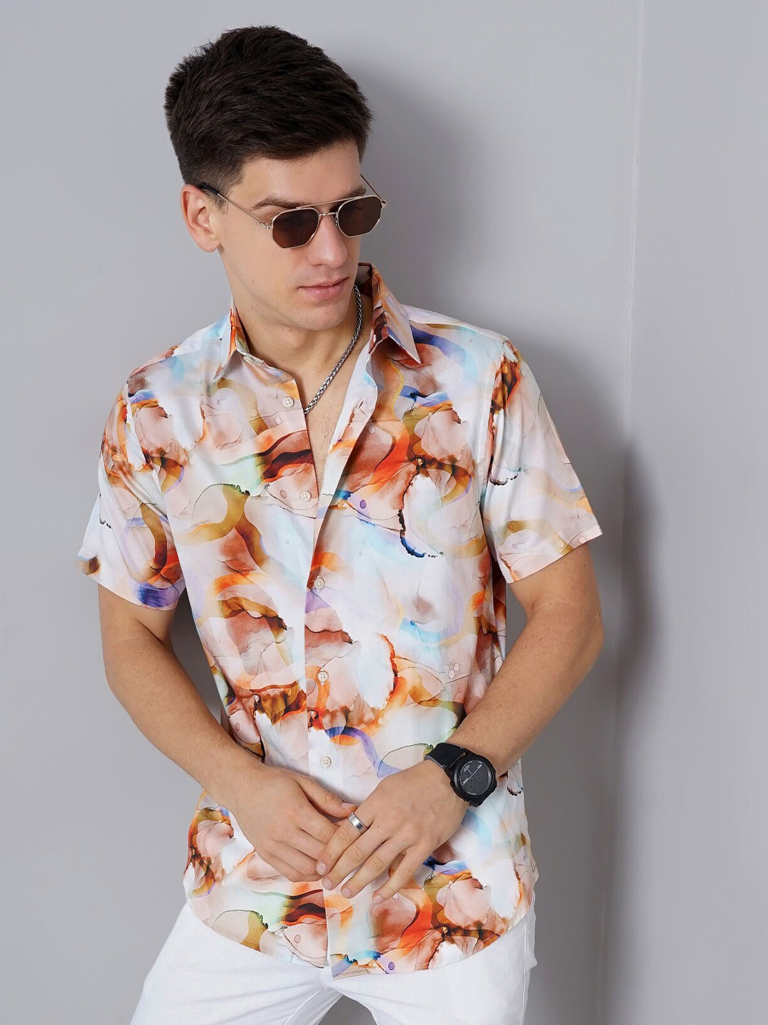 

British Club Abstract Printed Smart Slim Fit Pure Cotton Casual Shirt, Brown