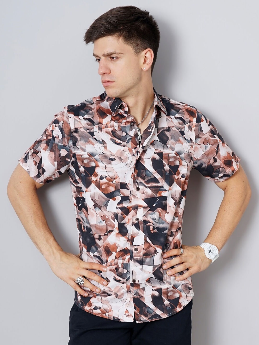 

British Club Abstract Printed Smart Slim Fit Pure Cotton Casual Shirt, Brown
