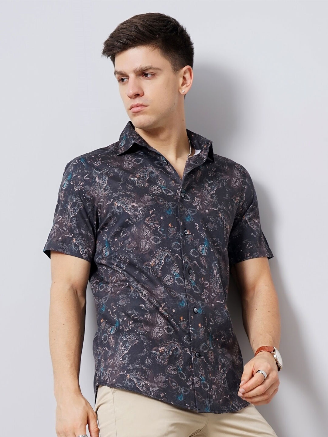 

British Club Floral Printed Smart Slim Fit Pure Cotton Casual Shirt, Charcoal