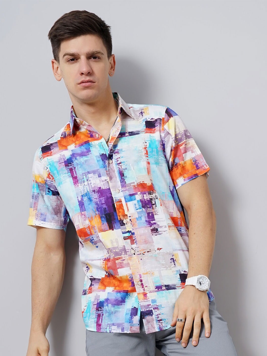 

British Club Abstract Printed Smart Slim Fit Pure Cotton Casual Shirt, Orange