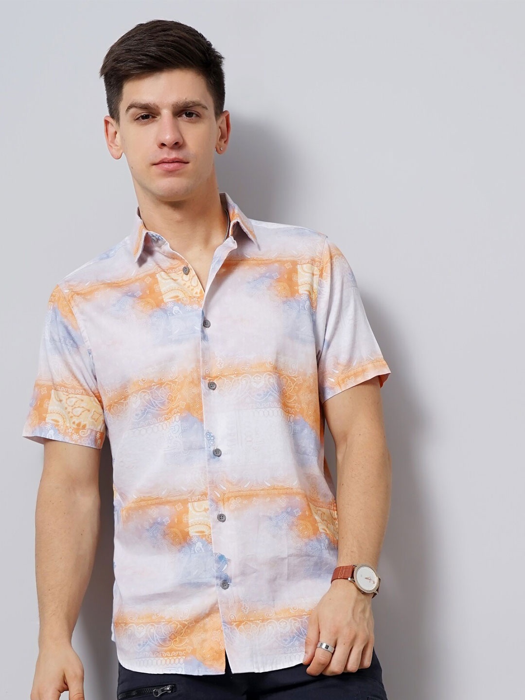 

British Club Ethnic Motifs Printed Smart Slim Fit Pure Cotton Casual Shirt, Orange