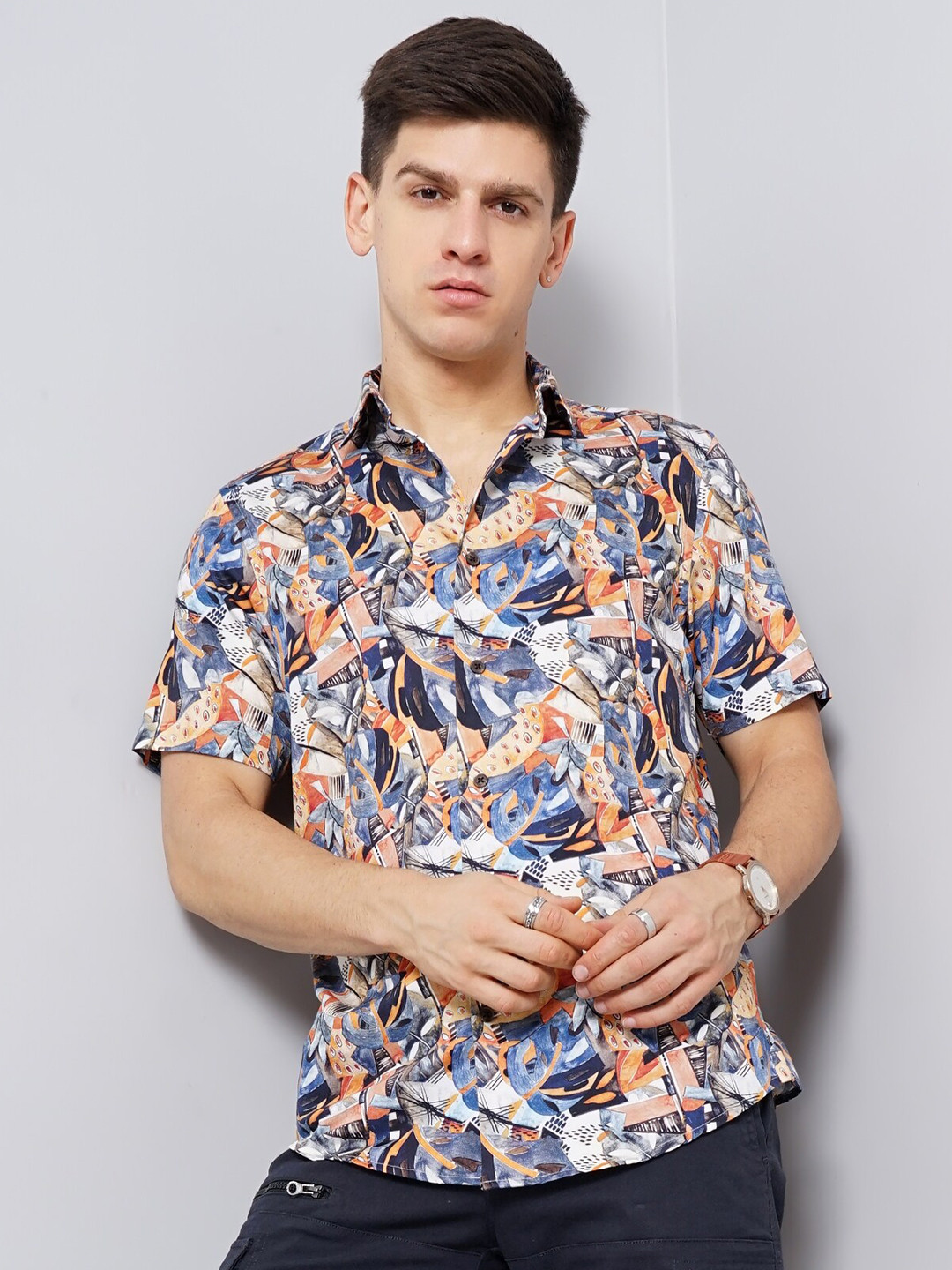 

British Club Abstract Printed Smart Slim Fit Pure Cotton Casual Shirt, Blue