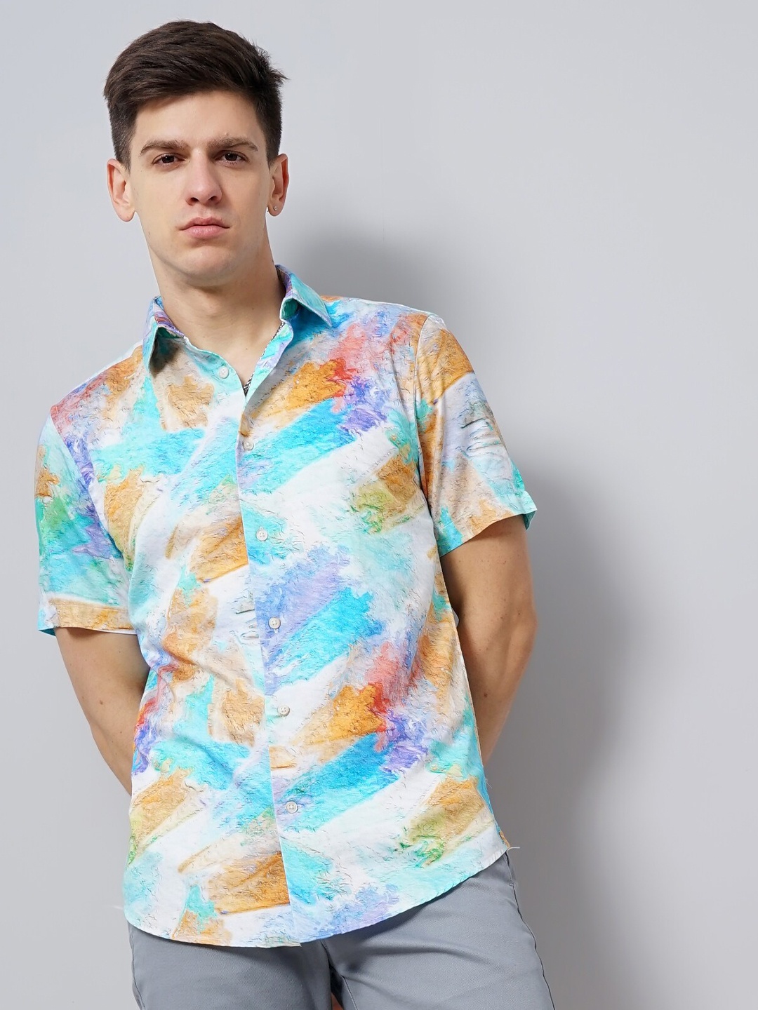 

British Club Smart Slim Fit Abstract Printed Pure Cotton Casual Shirt, Blue