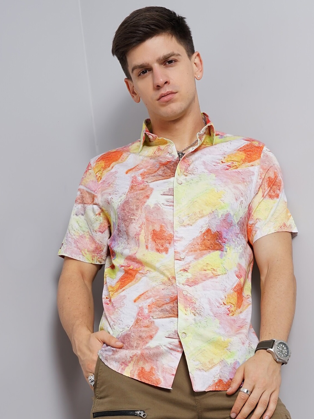 

British Club Smart Slim Fit Abstract Printed Pure Cotton Casual Shirt, Orange