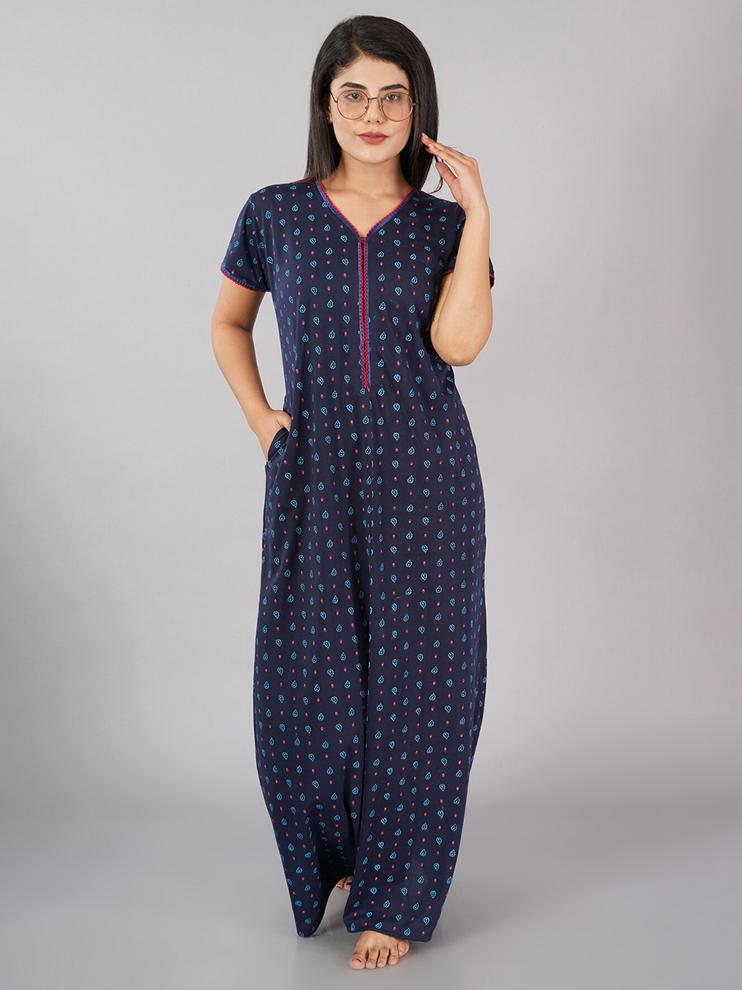 

Noty Floral Printed V-Neck Maxi Nightdress, Navy blue