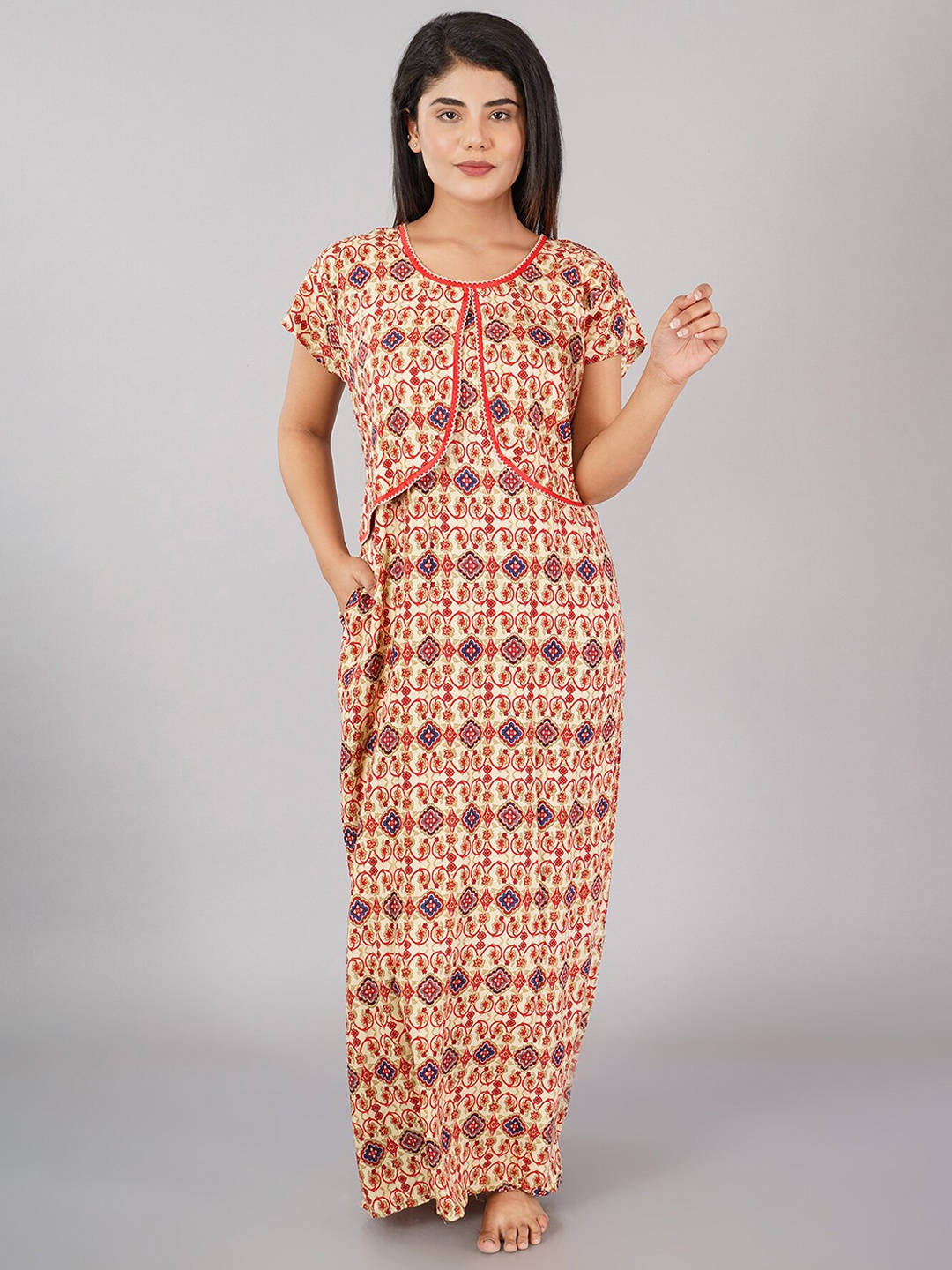 

Noty Ethnic Motifs Printed Maternity Maxi Nightdress, Cream