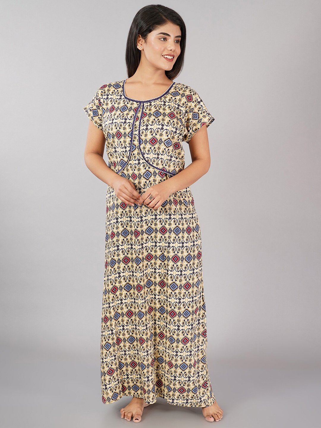 

Noty Ethnic Motifs Printed Maternity Maxi Nightdress, Cream