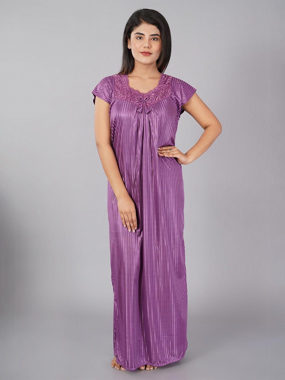 

Noty Striped Lace Work Detail Maxi Nightdress, Purple